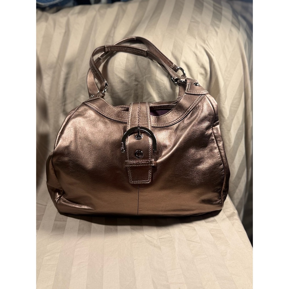 Coach Soho Metallic Bronze Leather Hobo Shoulder Bag Purple Lining 13437